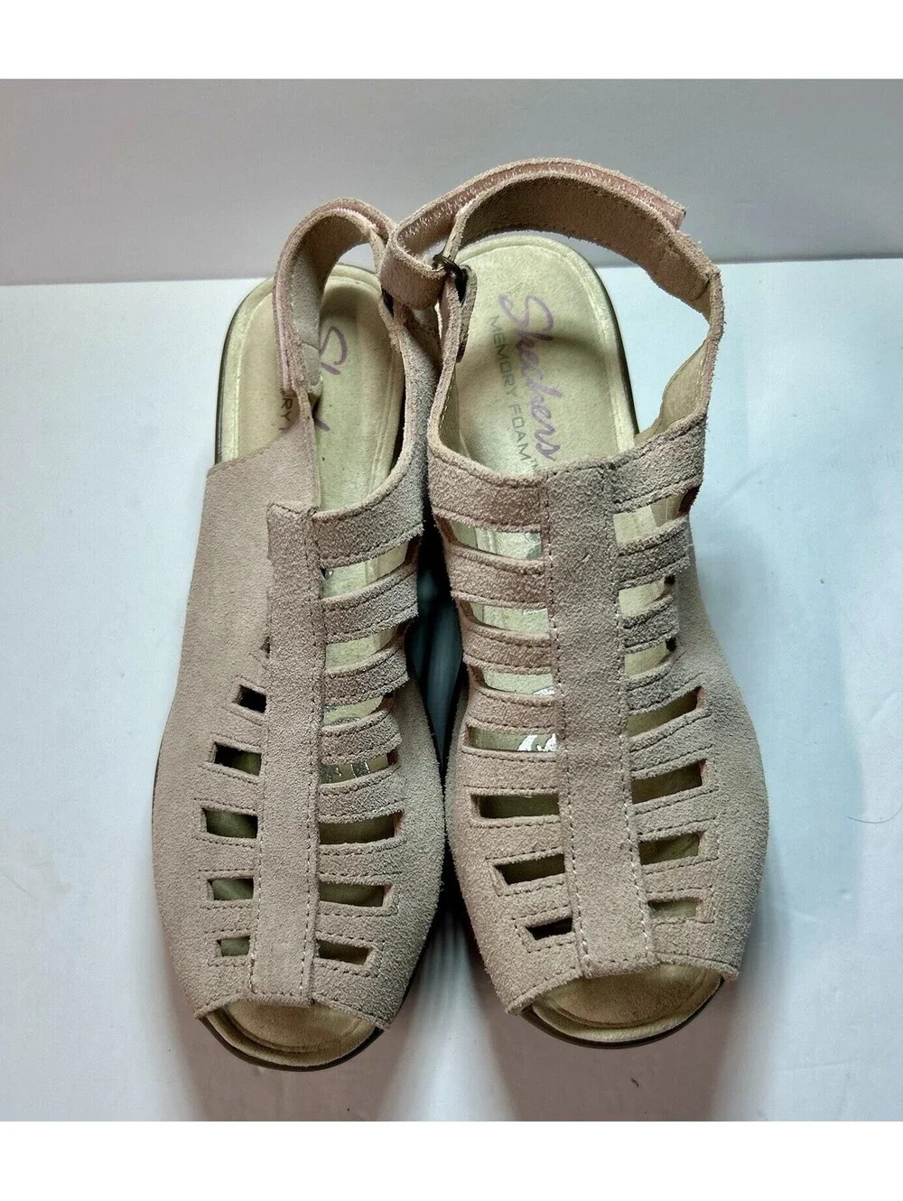 Skechers Suede Peeptoe Slingback Wedge Sandals Stylin Light Pink Blush Sz7 NOTES